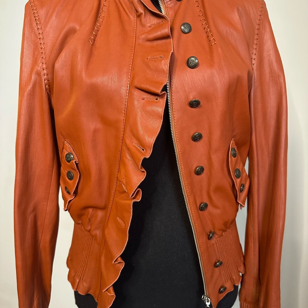 Vintage Cognac Leather Ruffle Peplum Jacket |Statement Jacket - Picture 4 of 15